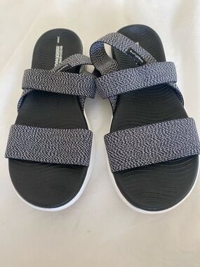 Skechers Go Walk Black & White Knit Strap Slide Goga Sandals